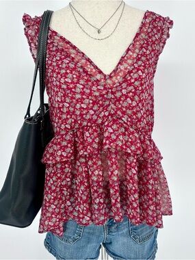 American Eagle Red Floral Babydoll Top Ruffle V Neck Flowy Boho Y2K Summer AE